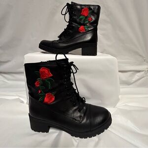 Madden Girl Black Lace-Up Boots With Red Rose Embroidered on Side